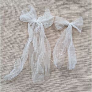 LOT OF 2 white sheer pearl tulle bridal bachelorette bow hair clips